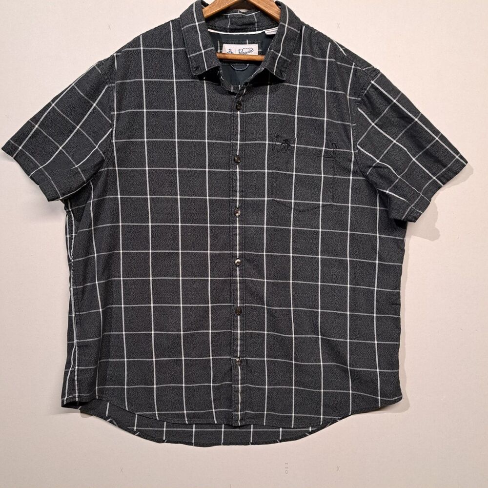 Penguin By Munsingwear Mens XXL/XL Plaid Short Sleeve Button Up Shirt Black Gray